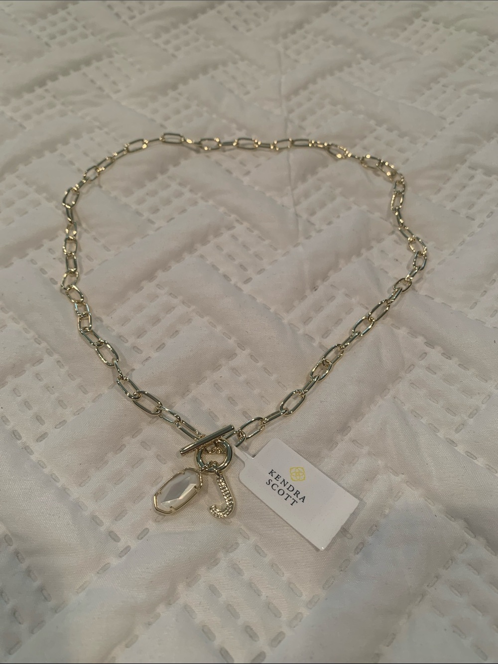 Kendra Scott Ellie Gold Necklace with Letter J and Mother of Pearl charms